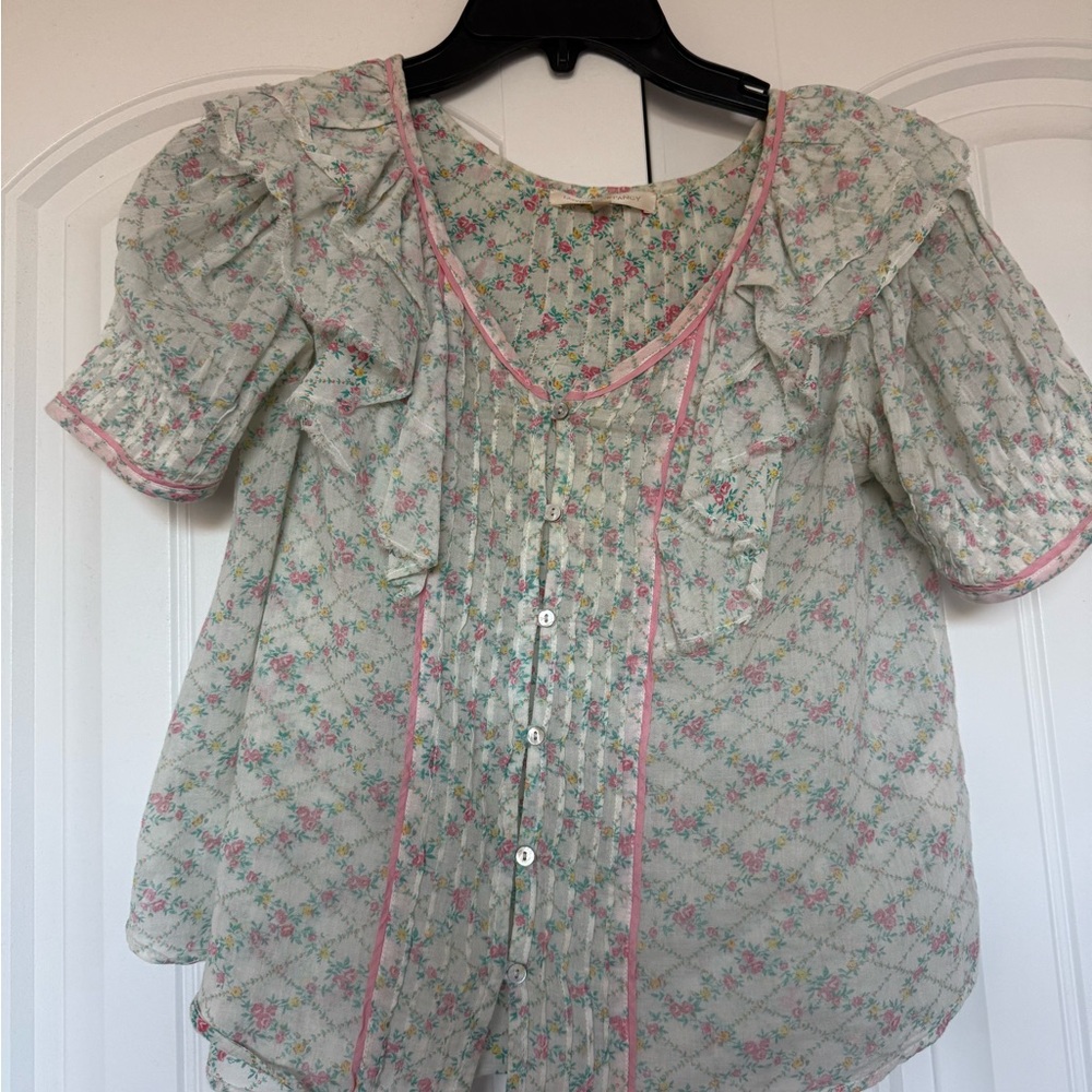 LoveShackFancy Floral Blouse - Pink and Green ruffles romantic 💘 - Picture 3 of 5